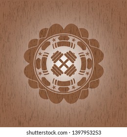 dumbbell icon inside retro wood emblem