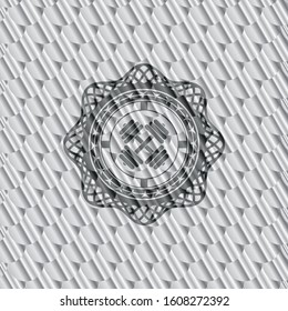 dumbbell icon inside shiny silver badge. Scales pattern. Vector Illustration. Detailed.