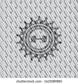 dumbbell icon inside shiny silver emblem. Scales pattern. Vector Illustration. Detailed.
