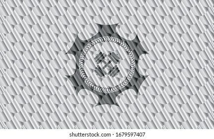 dumbbell icon inside shiny silver emblem. Scales pattern. Vector Illustration. Detailed.