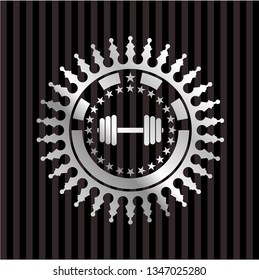 dumbbell icon inside silver badge