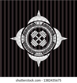 dumbbell icon inside silver badge or emblem
