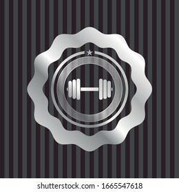 dumbbell icon inside silver badge or emblem