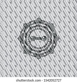 dumbbell icon inside silver color badge or emblem. Scales pattern. Vector Illustration. Detailed.