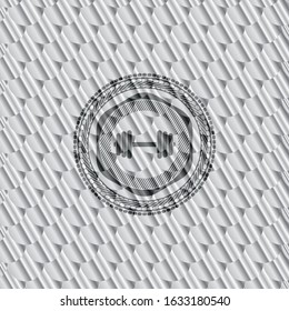 dumbbell icon inside silver color badge or emblem. Scales pattern. Vector Illustration. Detailed.