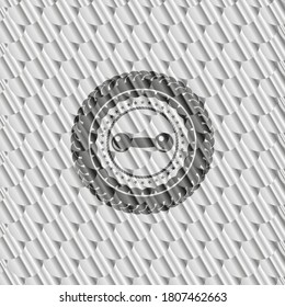 dumbbell icon inside silver color emblem. Scales pattern. Vector Illustration. Detailed. 