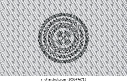 dumbbell icon inside silver color badge. Scales pattern. Vector Illustration. Detailed. 