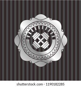 dumbbell icon inside silver emblem