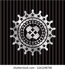 dumbbell icon inside silver emblem