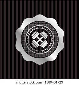 dumbbell icon inside silver emblem
