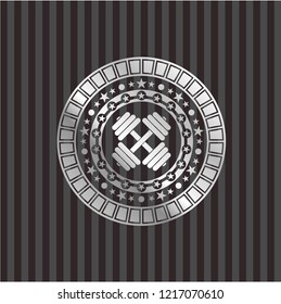 dumbbell icon inside silver shiny badge
