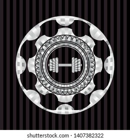 dumbbell icon inside silver shiny badge