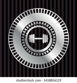 dumbbell icon inside silver shiny badge