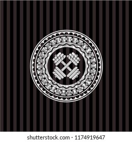 dumbbell icon inside silvery emblem or badge