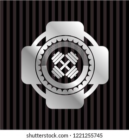 dumbbell icon inside silvery shiny emblem