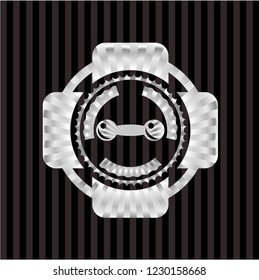 dumbbell icon inside silvery shiny emblem