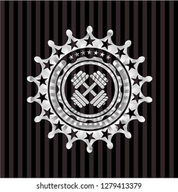 dumbbell icon inside silvery shiny emblem