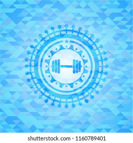 dumbbell icon inside sky blue mosaic emblem