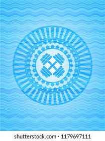 dumbbell icon inside sky blue water wave style emblem.