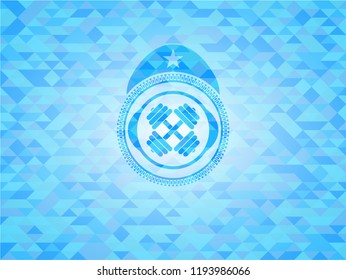 dumbbell icon inside sky blue mosaic emblem