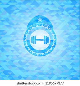 dumbbell icon inside sky blue emblem with mosaic ecological style background