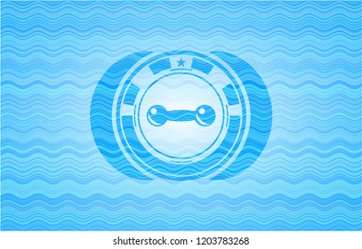 dumbbell icon inside sky blue water wave emblem background.