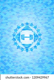 dumbbell icon inside sky blue emblem with mosaic background