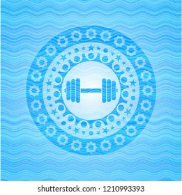 dumbbell icon inside sky blue water emblem background.