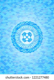 dumbbell icon inside sky blue emblem with triangle mosaic background