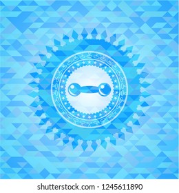 dumbbell icon inside sky blue emblem with triangle mosaic background