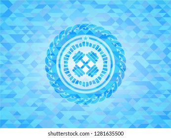 dumbbell icon inside sky blue emblem with mosaic background