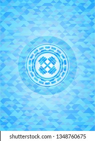 dumbbell icon inside sky blue emblem with mosaic background