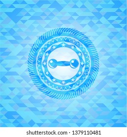 dumbbell icon inside sky blue emblem with mosaic ecological style background