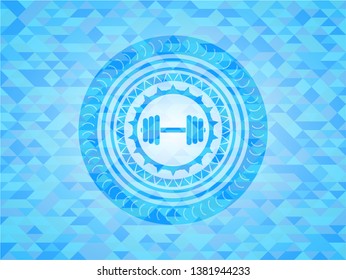 dumbbell icon inside sky blue emblem. Mosaic background