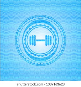 dumbbell icon inside sky blue water wave style emblem.