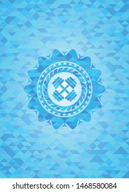 dumbbell icon inside sky blue mosaic emblem