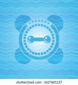 dumbbell icon inside sky blue water emblem.