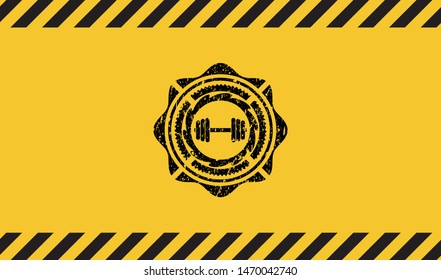 dumbbell icon inside warning sign, black grunge emblem. Vector Illustration. Detailed.