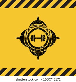 dumbbell icon inside warning sign, black grunge emblem. Vector Illustration. Detailed.