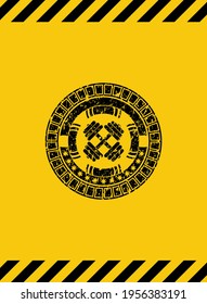 dumbbell icon inside warning sign, black grunge emblem. Vector Illustration. Detailed. 