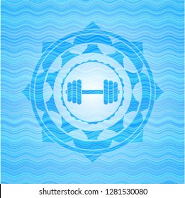 dumbbell icon inside water representation emblem background.