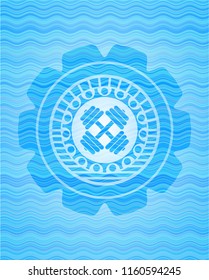dumbbell icon inside water wave concept emblem background.