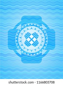 dumbbell icon inside water wave badge background.