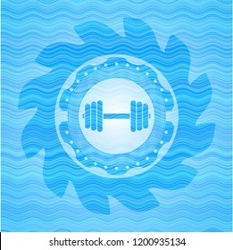 dumbbell icon inside water wave concept badge background.