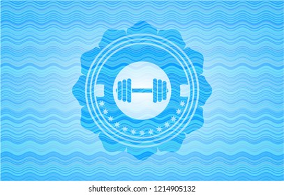 dumbbell icon inside water wave representation emblem background.