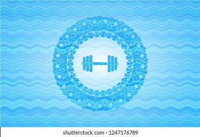dumbbell icon inside water wave representation badge.