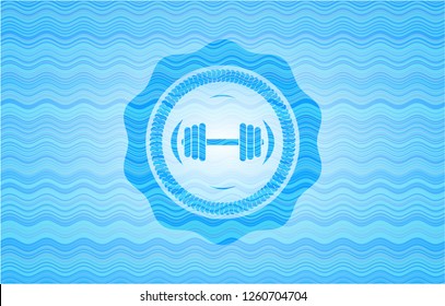 dumbbell icon inside water wave emblem background.