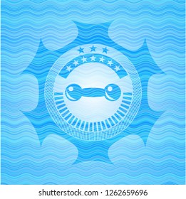 dumbbell icon inside water wave badge background.