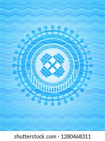dumbbell icon inside water wave representation badge background.