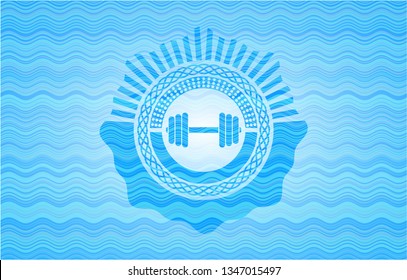 dumbbell icon inside water wave badge.